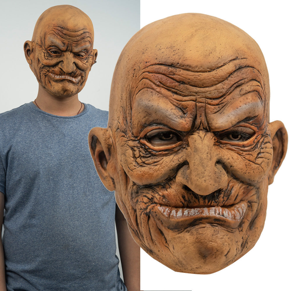 Funny Halloween Latex Mask Duo — Old Man Mask with Gloves + Old Bald Man Mask — back view