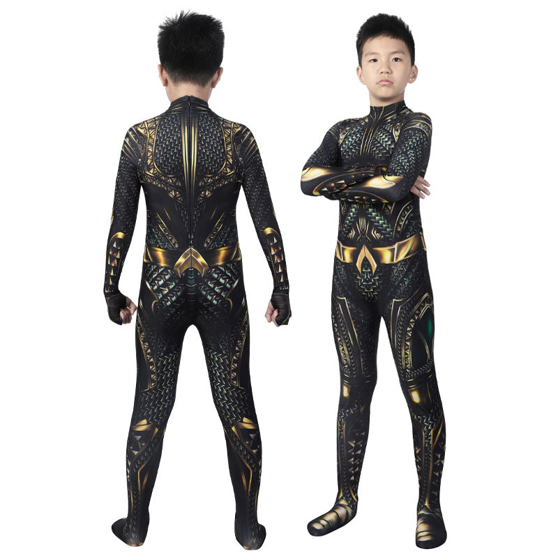 DC Family Cosplay Duo — Green Lantern Adult Jumpsuit + Aquaman Kids Jumpsuit — back view