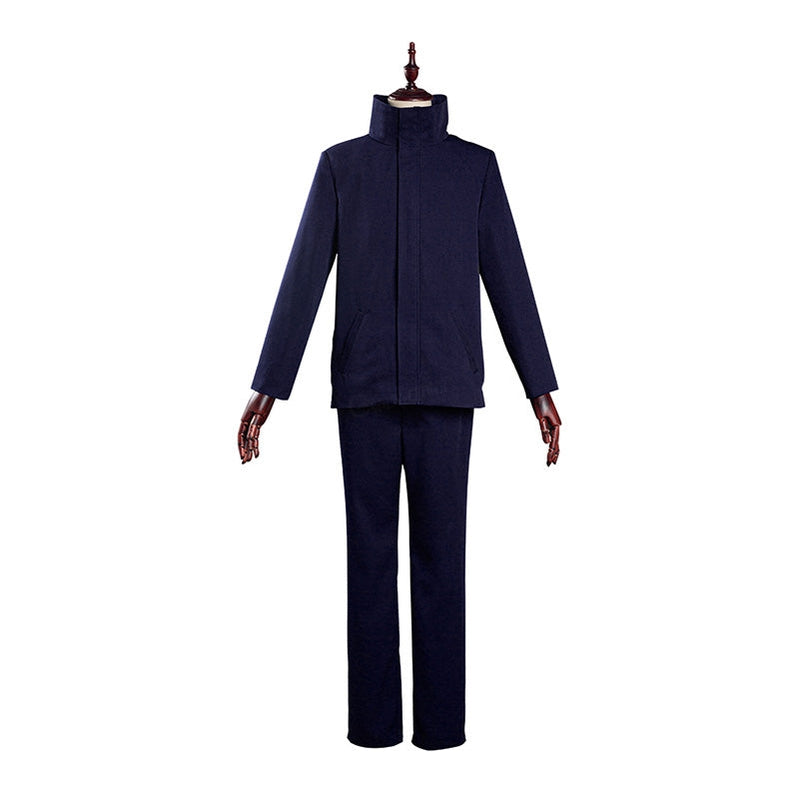 Satoru Gojo blindfold cosplay uniform front view — dark navy jacket with stand collar and matching trousers
