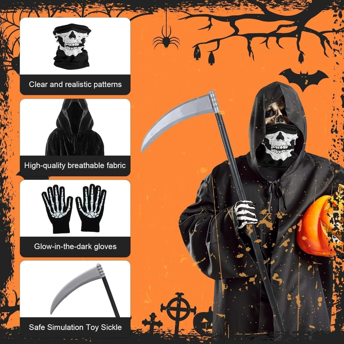 Grim Reaper Costume, 4-Piece Set: Black Cape + Scythe + Hood + Glow-in-the-Dark Gloves, Spooky Halloween Costume — packaging