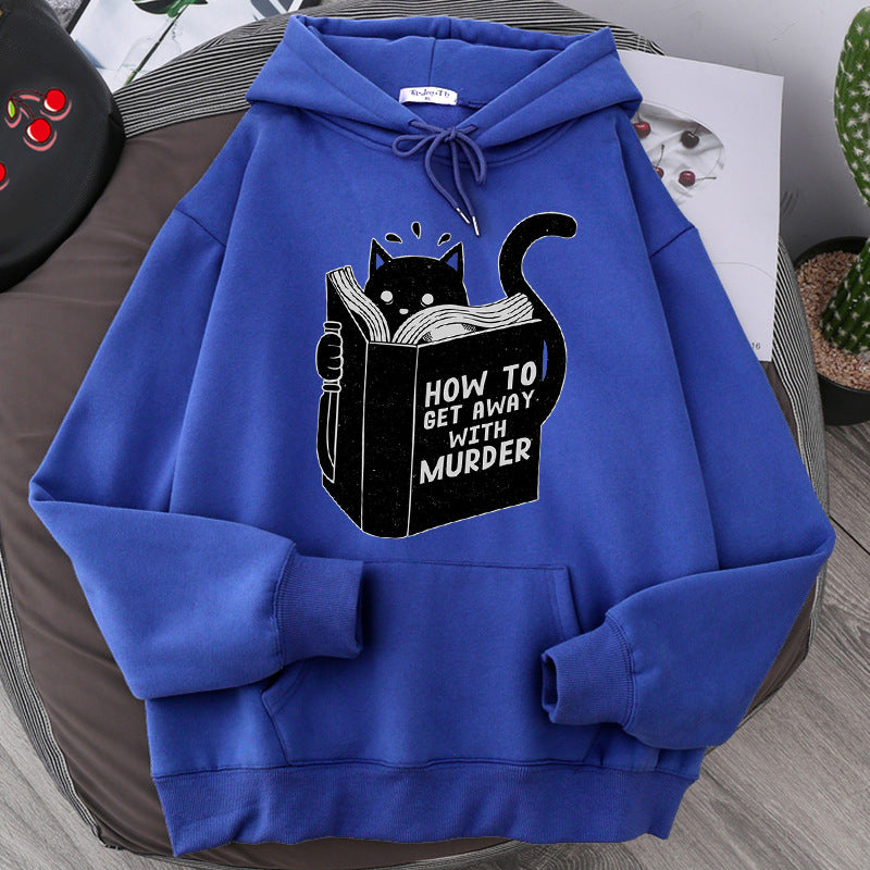 Men's And Women's Hooded Sweater Cartoon Anime Cute Cat Reading Print Sweatshirt — in use