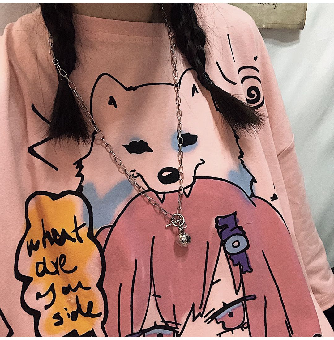 Anime White New Loose Ladies Short Sleeve T-shirt — detail