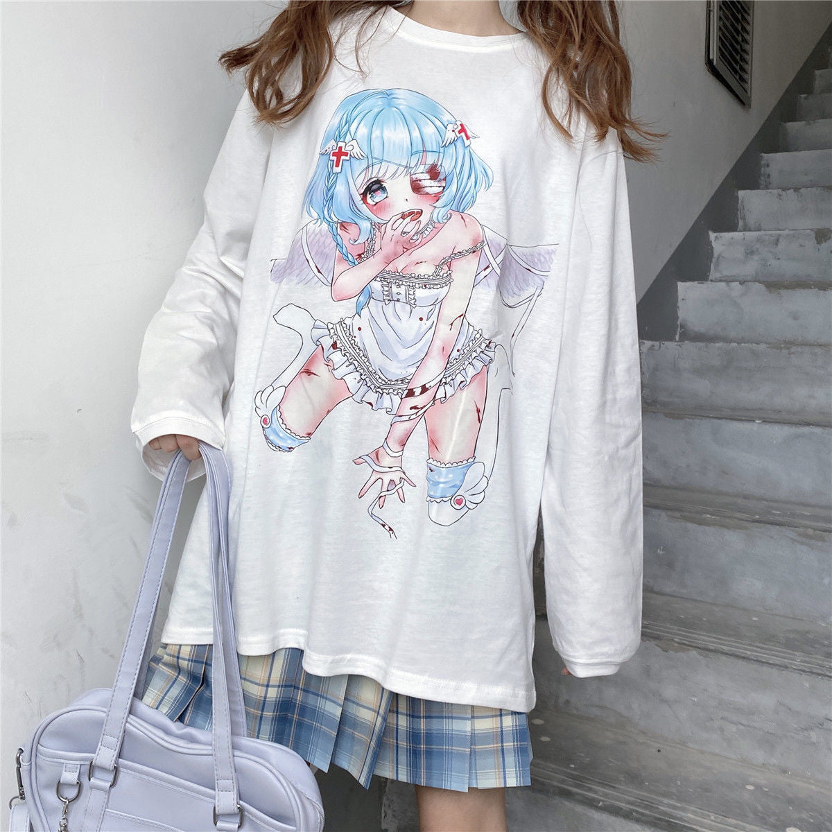 Women's Anime Long Sleeve Round Neck T-shirt — scale reference