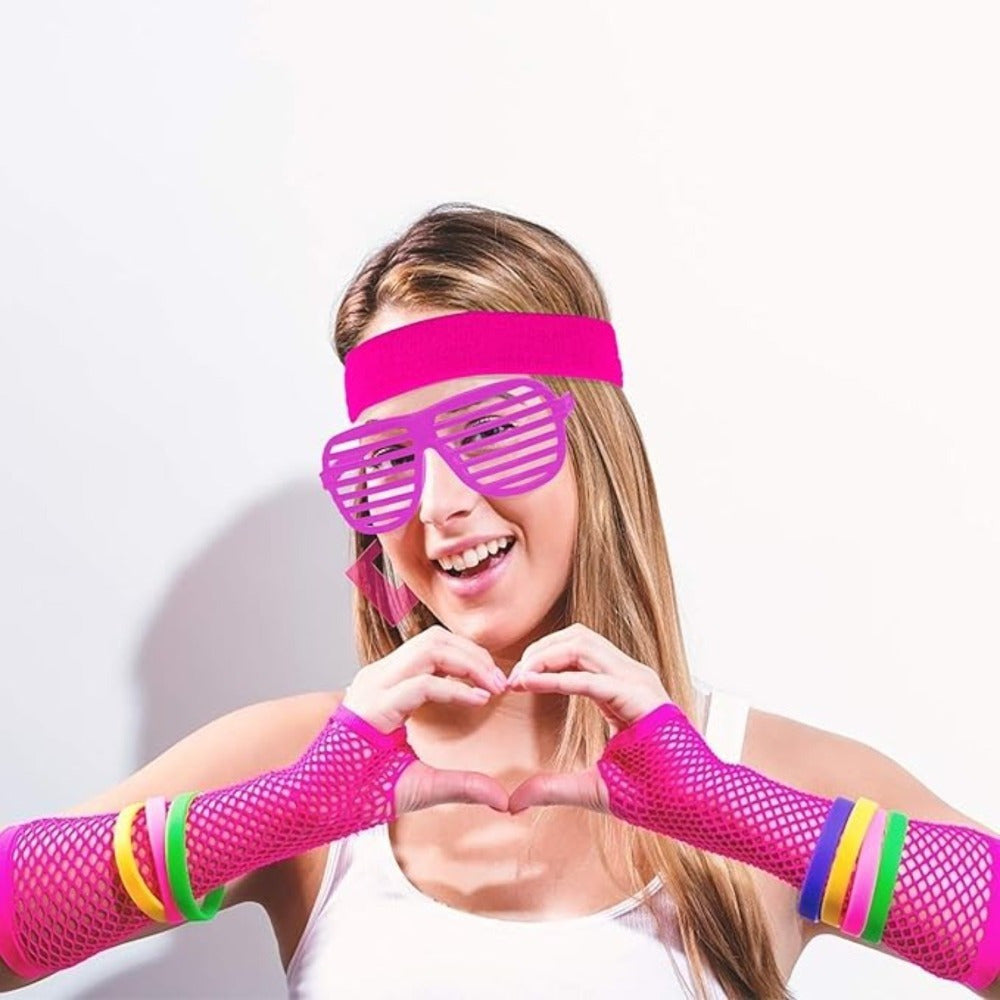 5-Piece Fluorescent Pink Women's Outfit In 80s Style, Retro Cosplay Set With Accessories, '80s Party Costume For — packaging