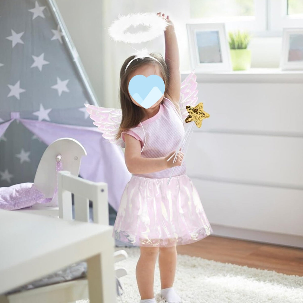 Set Of 4 Angel Costume Accessories In White: Headband With Ring, Wings, Short Skirt, And Scepter For Theme Parties โ detail