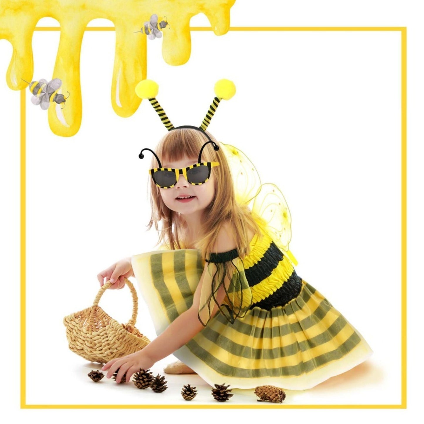 Bee Costume, 3-Piece Carnival Costume Set With Headband, Wings & Pom-Poms, Yellow And Black Bee Outfit For — packaging