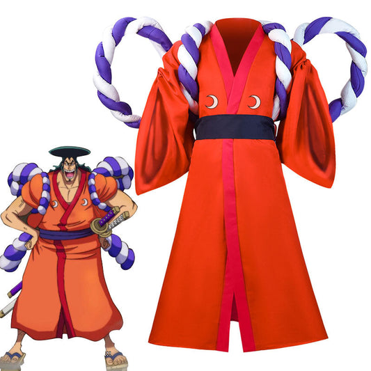 Kozuki Oden cosplay costume from One Piece — orange-red Wano kimono with magenta panel, navy crescent-crest obi and purple-and-white braided rope shoulder cords, beside the Oden reference art — Kozuki Oden Cosplay Guide
