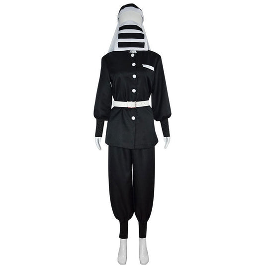 Demon Slayer Goto cosplay costume, front view — black jacket with white pocket trim and belt, striped hood — Goto from Demon Slayer