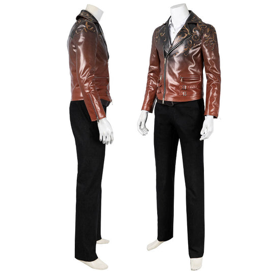 Luis Serra jacket, side and front views — brown leather biker jacket with zip front and buckle straps over black trousers — Luis Serra Cosplay
