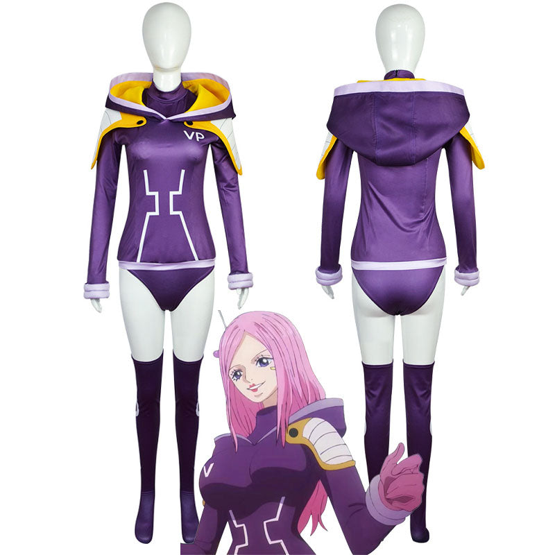 Jewelry Bonney Egghead Arc cosplay costume, front and back — purple VP top with yellow-lined hood, white shoulder pads, briefs and thigh-high socks — Jewelry Bonney Cosplay