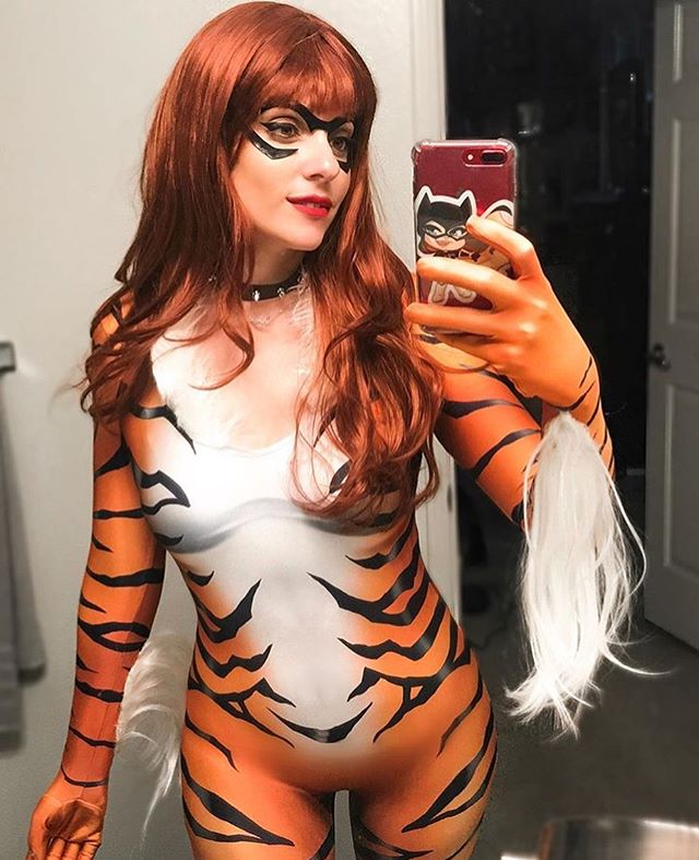 Halloween Girls Red Black Cat Cosplay Tiger Print Bodysuit — in use
