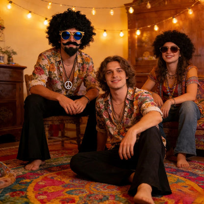 Hippie Costume Set With Afro Wig, Colorful '70s Outfit With Flower Crown & Peace Necklace, Flower Power Costume For