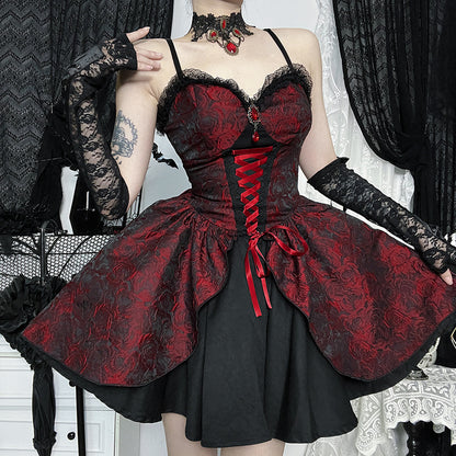 Gothic Black And Red Jacquard Dress | Magic Stories