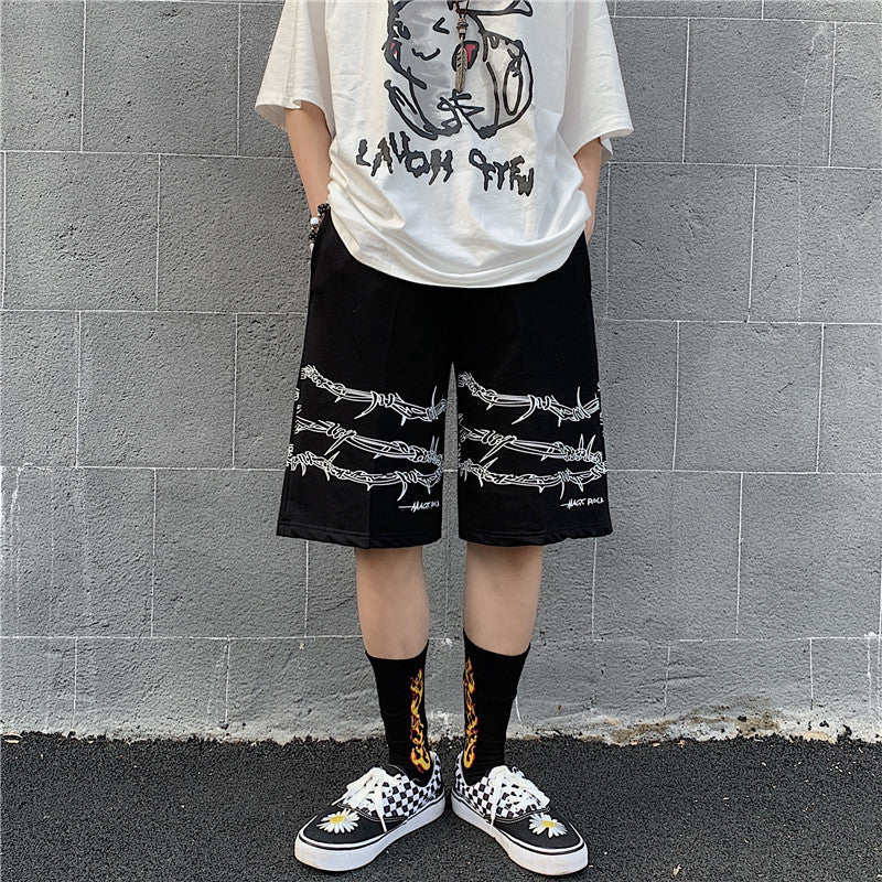 Shorts Men's Loose Casual Trend Dark Line Harajuku Style Front And Rear Iron Chain Pattern Fashion Sports — detail