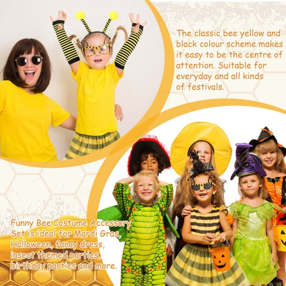 Bee Costume, 3-Piece Carnival Costume Set With Headband, Wings & Pom-Poms, Yellow And Black Bee Outfit For — back view