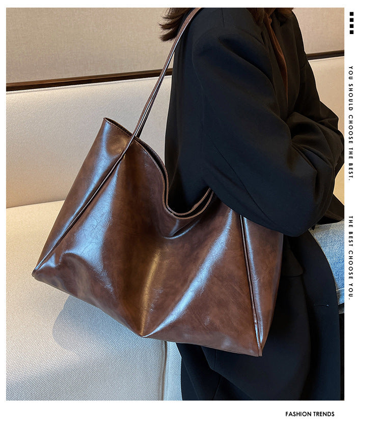 Vintage Women's Tote Bag Athletic Casual Fashion Large Capacity Leather Shoulder Bag Shopper Harajuku Simple — back view