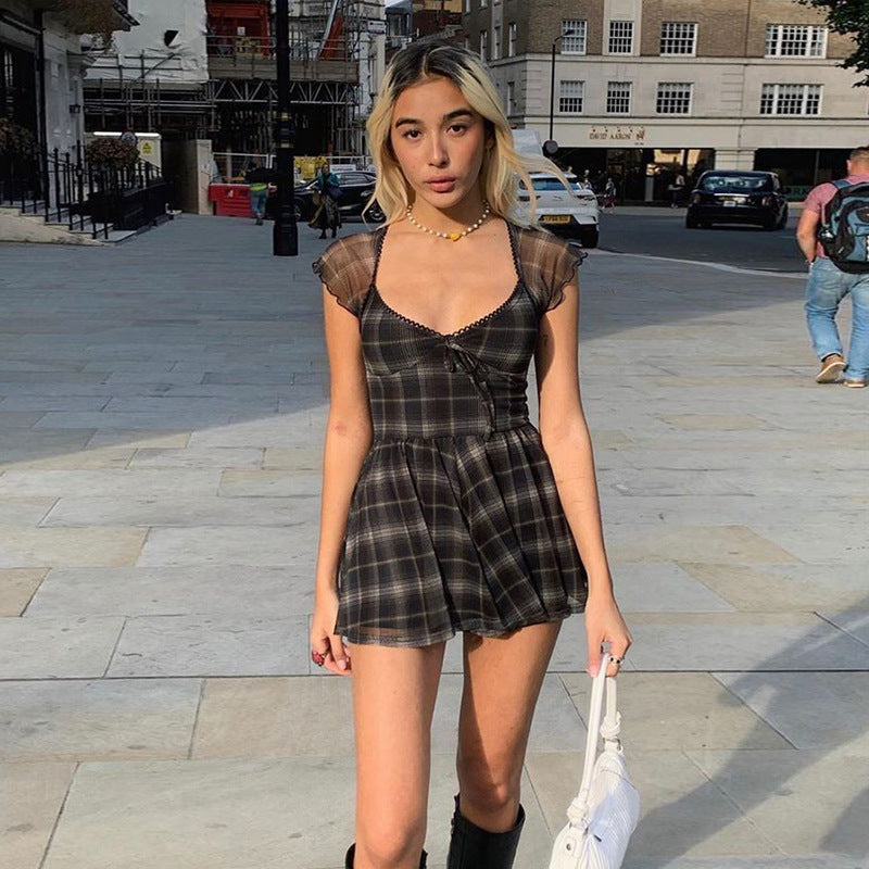 Gothic Plaid Dress Black Lace Up Women Dress Harajuku — back view