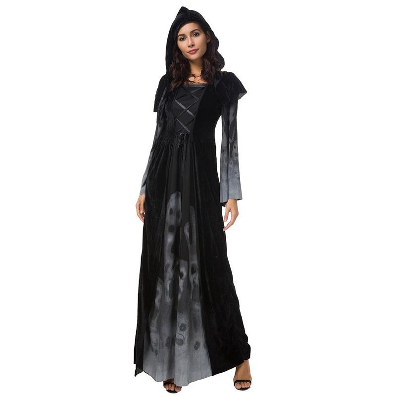 Halloween New Skull Print Witch Long Vampire Costume, Queen Dress Costume — in use