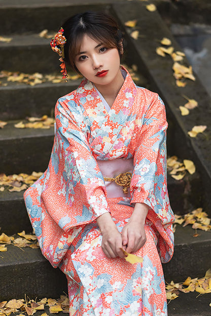 Vintage Orange Sakura Yukata Kimono — side view
