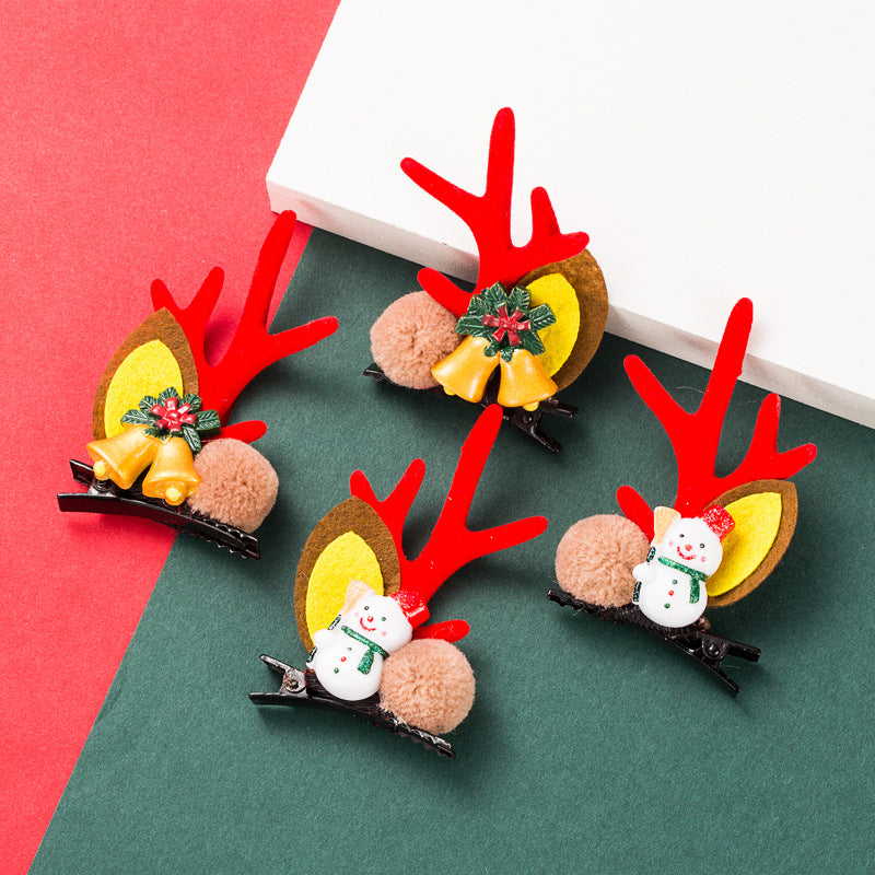 Christmas Series Cute Moose Horns Bells Flannel Two-piece Hairpin