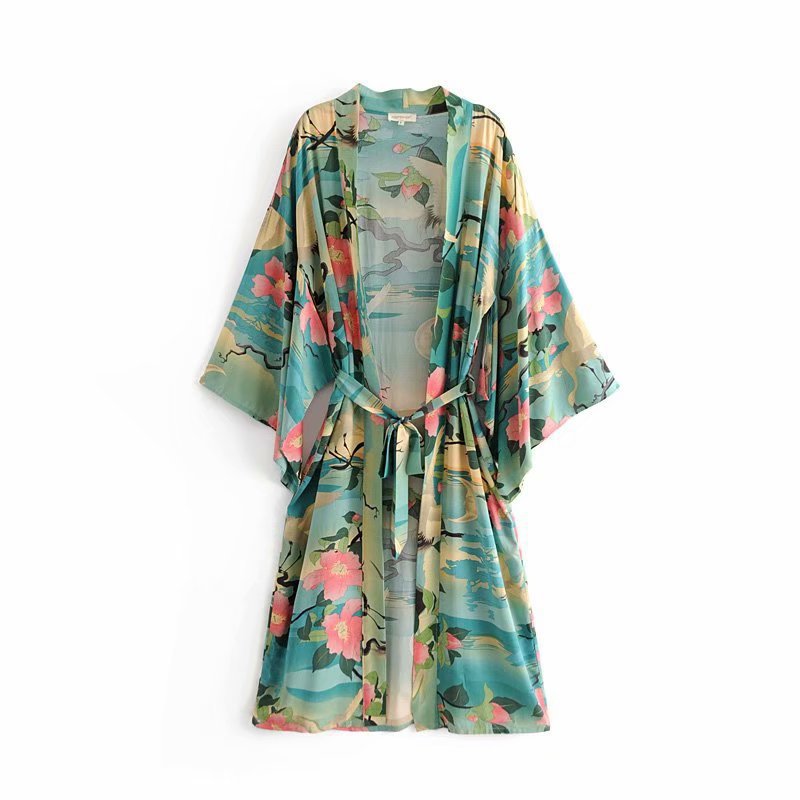 Ladies Fashion Kimono Print Dress Robe — back view
