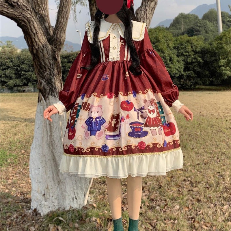 Lolita British Bear Op Long Sleeve Dress | Magic Stories