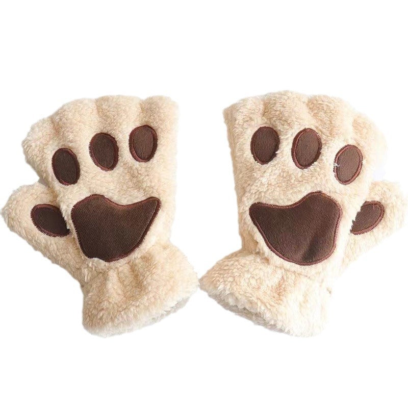 Autumn And Winter Student Plush Cat's Paw Half Finger Gloves For Men And Women — in use