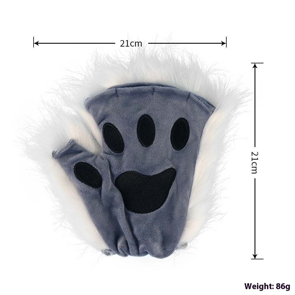 Half Finger Warm Plush Cat's Paw Gloves Halloween Cosplay Props — back view