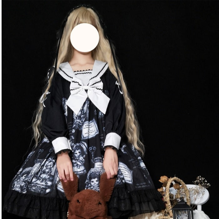 Lolita Dark Black Doll Gothic Long Sleeve Dress — side view