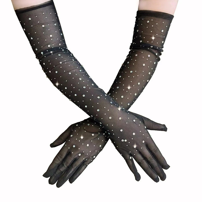Halloween Dress Cosplay Rhinestone Lace Mesh Gloves — detail