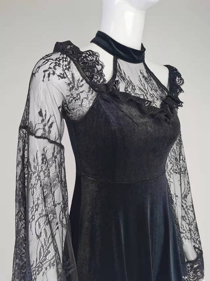 Dark Gothic Lace Panels Dress — back view