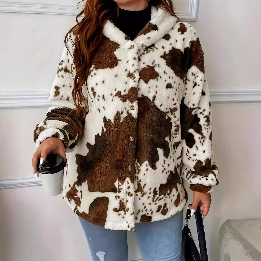 Womens Casual Chic Plush Coat With Cow-print And Button Detailing — side view