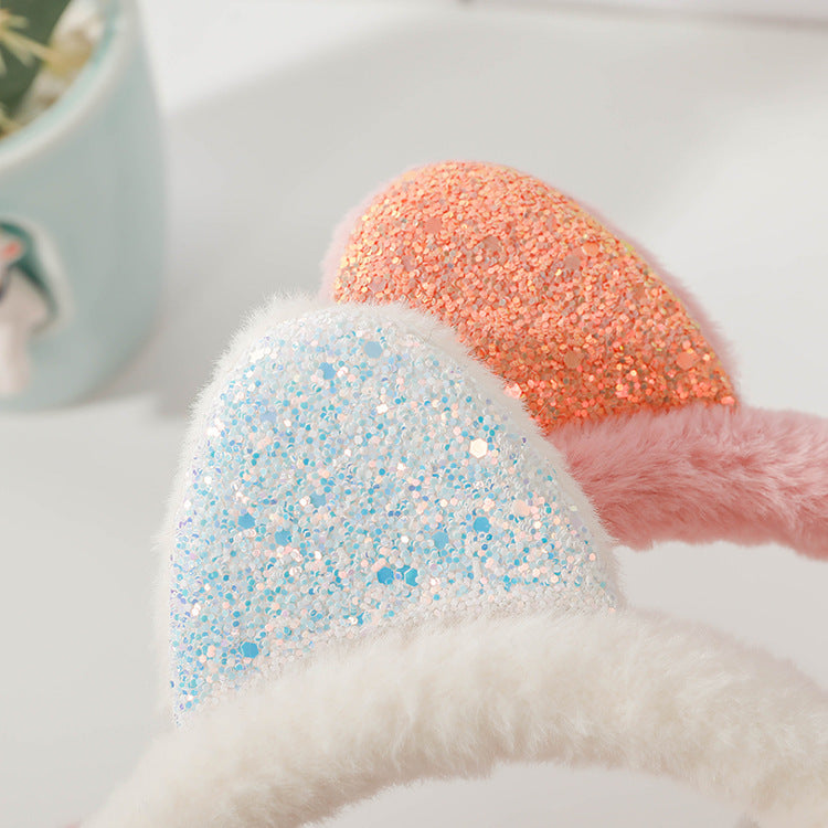 Warm Sequined Cat Ears Plush Earmuffs — detail