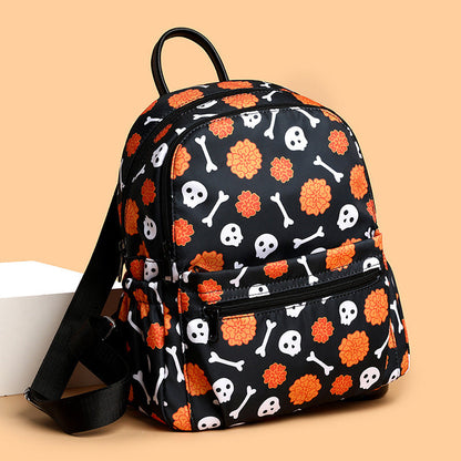 Halloween Bag Duo — Funny Pumpkin Crossbody Bag + Skull Print Waterproof Backpack — back view
