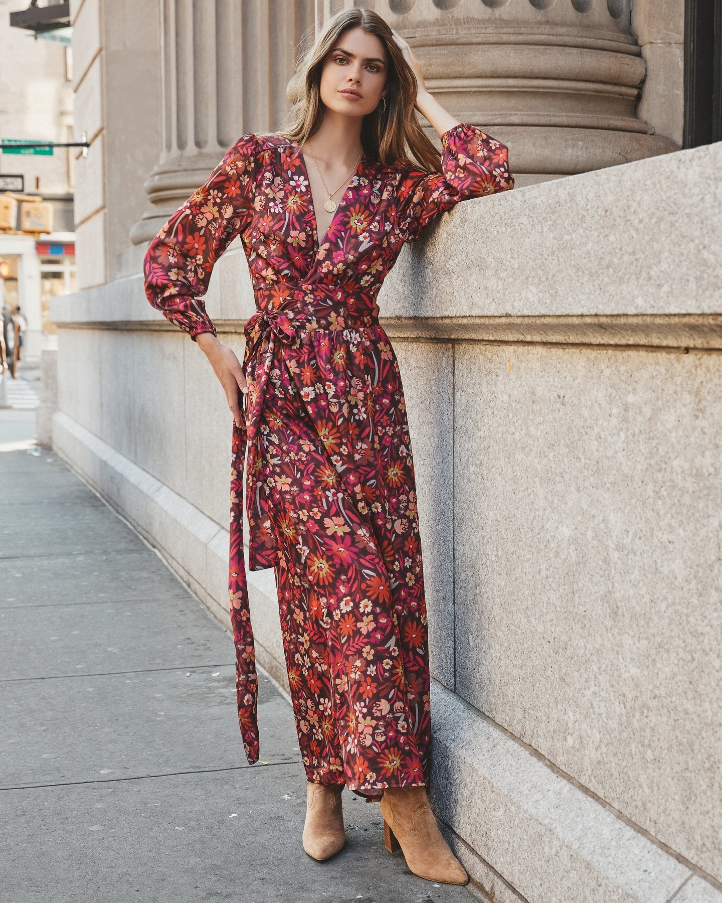 Women's Printed Long Sleeve Kimono Long Dress — back view