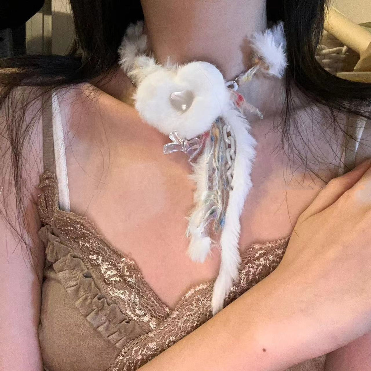 White Plush Choker Heart Necklace | Magic Stories