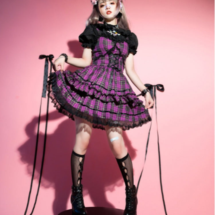 Plaid Lolita Sweet Dark Rock Dress — back view
