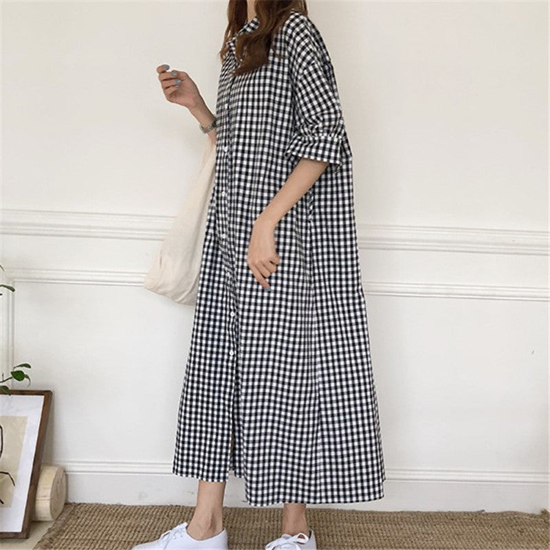 Harajuku Style Cotton Linen Dress Plaid — side view