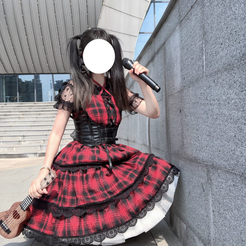 Red plaid Lolita dress — back view