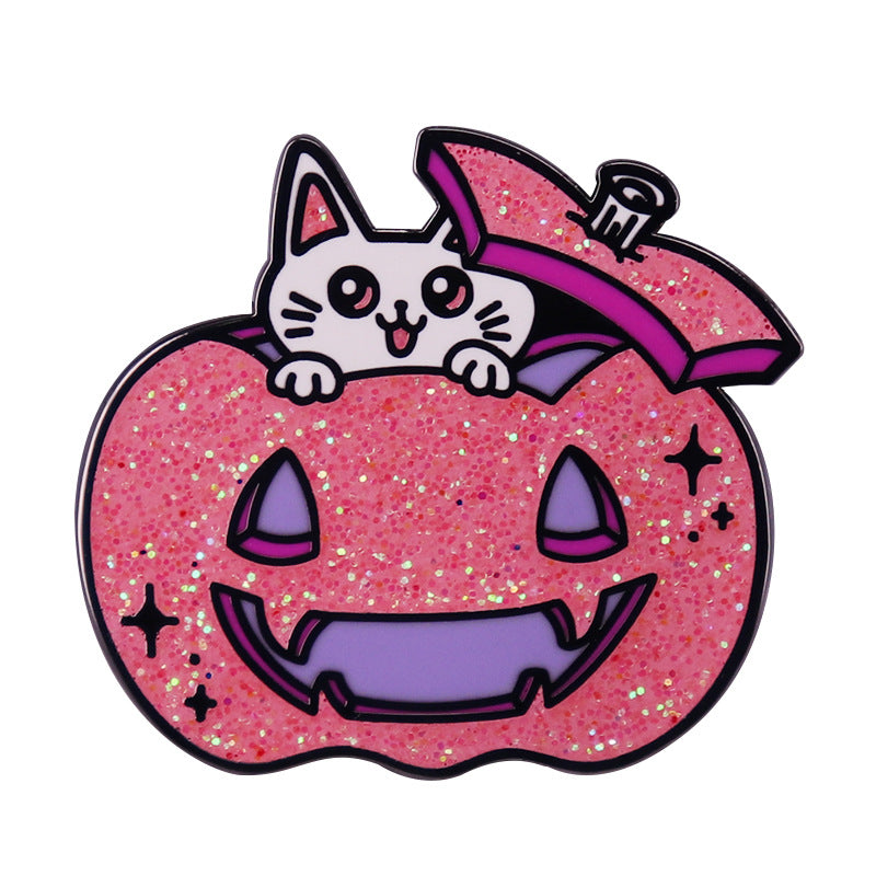 Glitter Pumpkin Cat Enamel Pin Brooch Halloween Kawaii — detail