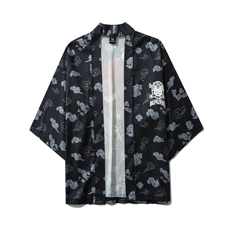 Japanese Kimono Cardigan Cat Samurai Streetwear Men Women Japan Harajuku Anime Clothes — in use