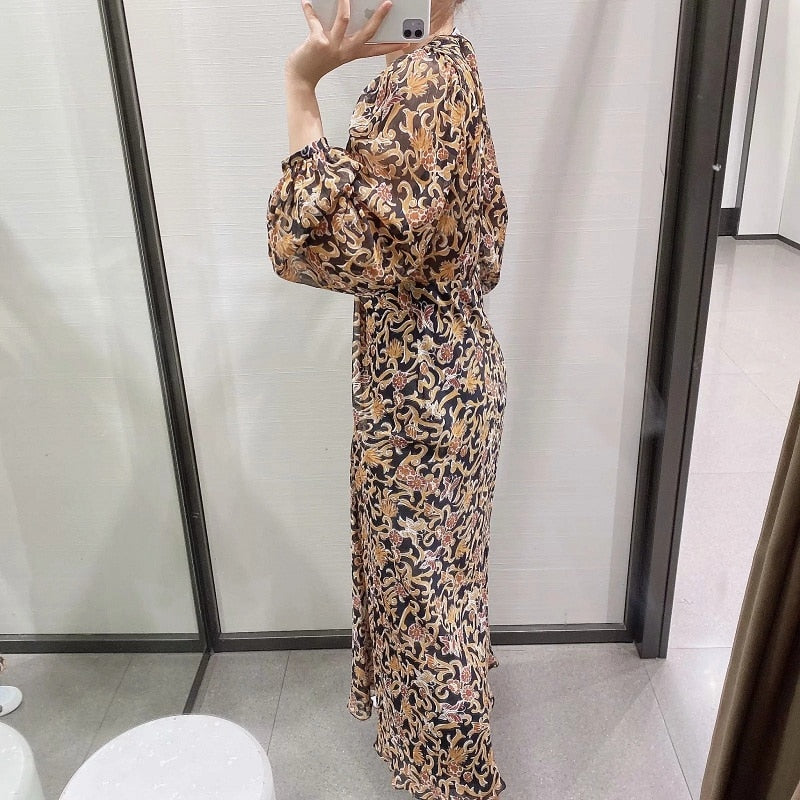 Za Women Dresses Floral Retro Printed V-neck Long sleeves Tulle Dress Woman vintage Goth Long dress — packaging