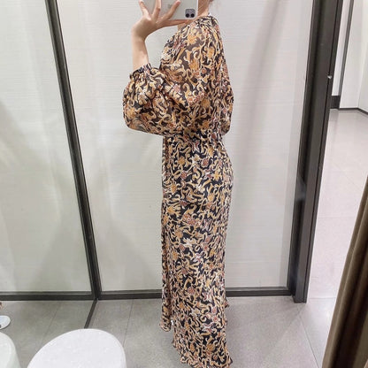 Za Women Dresses Floral Retro Printed V-neck Long sleeves Tulle Dress Woman vintage Goth Long dress — packaging