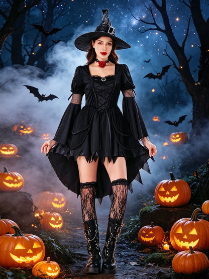 Women Gothic Witch Halloween Costume, Black Irregular Hem Witch Dress With Witch Hat, Dark Forest Sorceress — side view