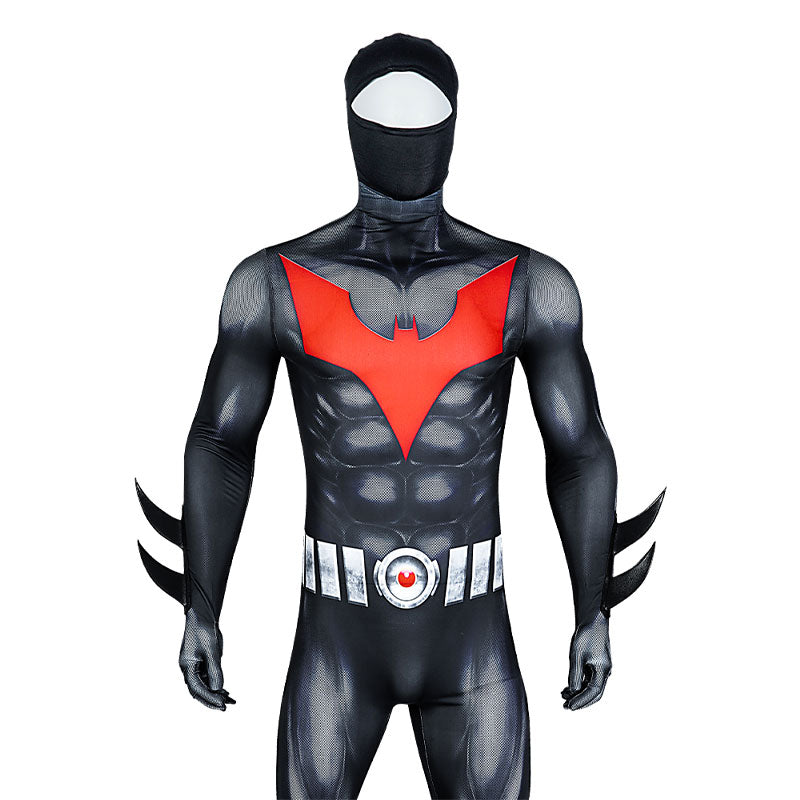 Batman Beyond Terry McGinnis cosplay costume, masked front view — black bodysuit with red bat emblem and full hood