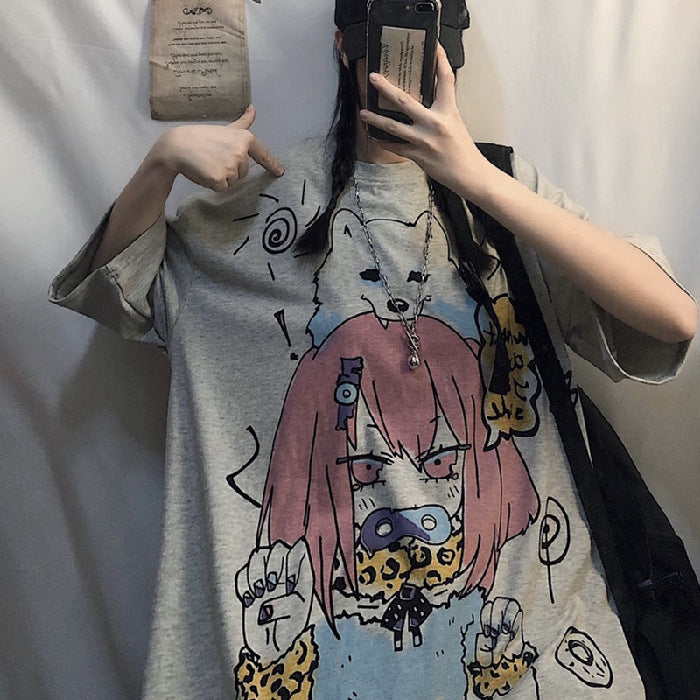 Anime White New Loose Ladies Short Sleeve T-shirt — side view