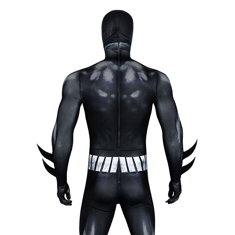 Batman Beyond Terry McGinnis cosplay costume, back view — black bodysuit with hood and silver belt