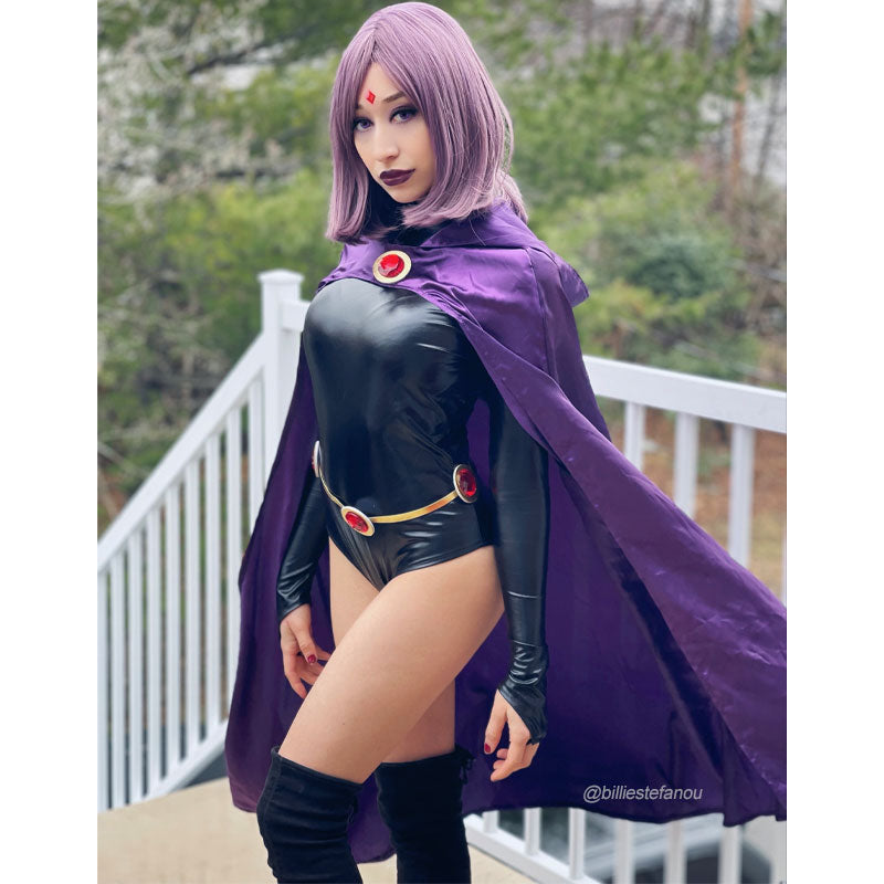 Raven DC cosplay outfit worn — purple cloak draped over the black bodysuit with red gem clasps