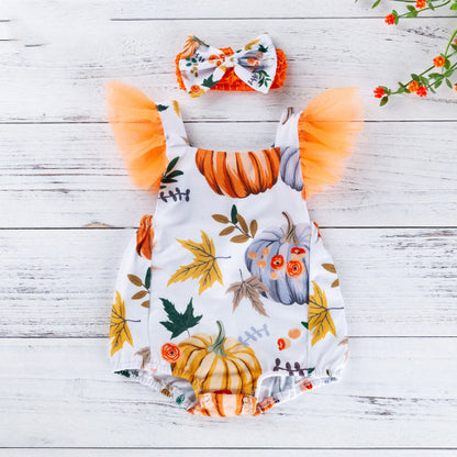 Printed pumpkin onesie — back view