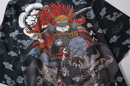 Japanese Kimono Cardigan Cat Samurai Streetwear Men Women Japan Harajuku Anime Clothes — detail